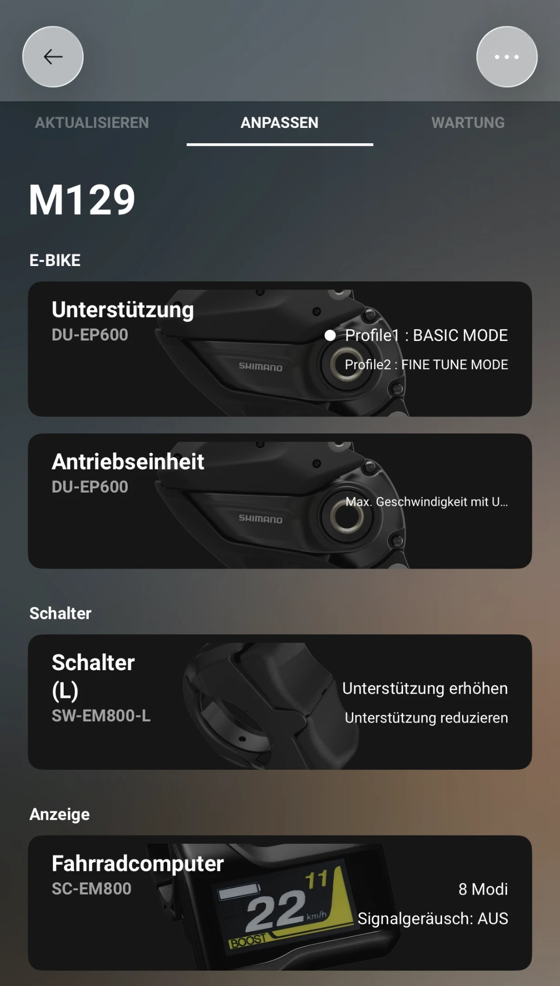 E-TUBE Cyclist App mit verbundenem Bike: Bauteilliste mit Shimano DU-EP600 Antriebseinheit